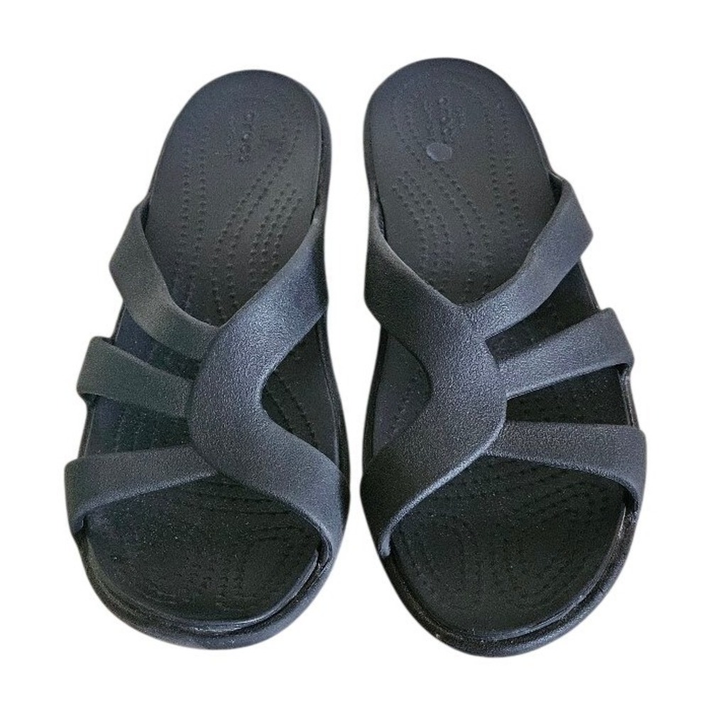 Crocs Sanrah Strappy Wedge Sandals Womens 8 Black Slip On Slide Comfort - Picture 1 of 8